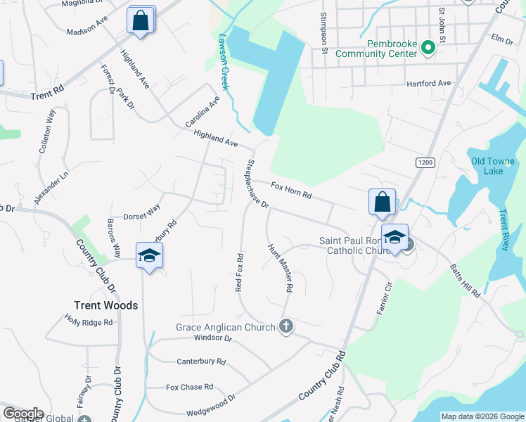 map of restaurants, bars, coffee shops, grocery stores, and more near 3200 Hunt Master Road in New Bern