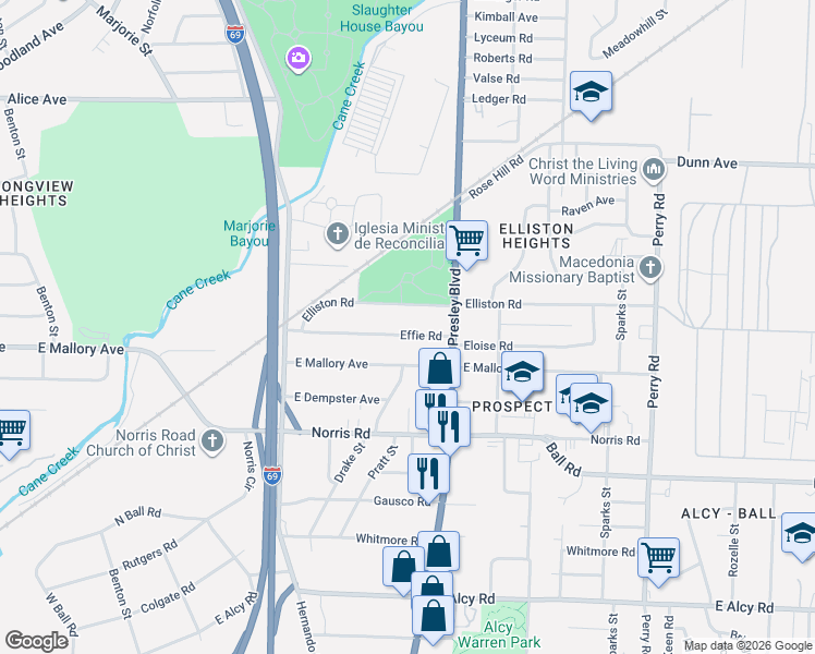 map of restaurants, bars, coffee shops, grocery stores, and more near 1307 Effie Road in Memphis