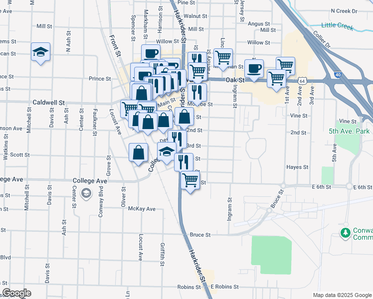 map of restaurants, bars, coffee shops, grocery stores, and more near 818 4th Street in Conway