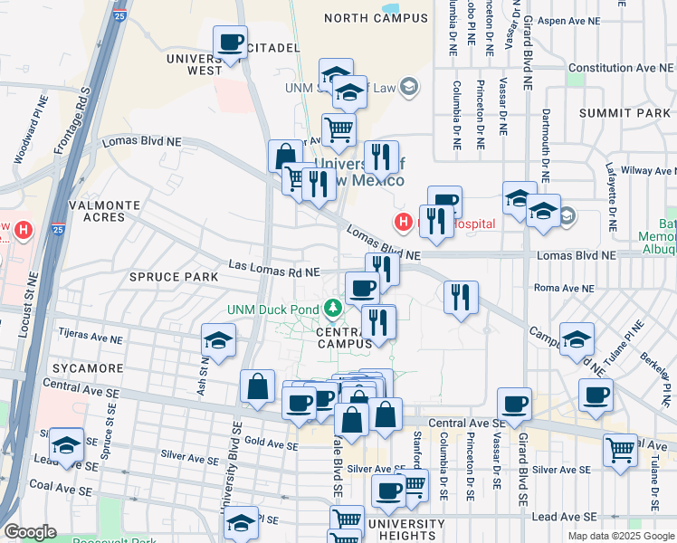 map of restaurants, bars, coffee shops, grocery stores, and more near 601 Yale Boulevard Northeast in Albuquerque