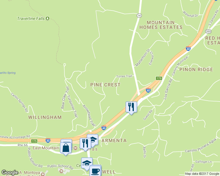 map of restaurants, bars, coffee shops, grocery stores, and more near 20 Torres Trail in Cedar Crest