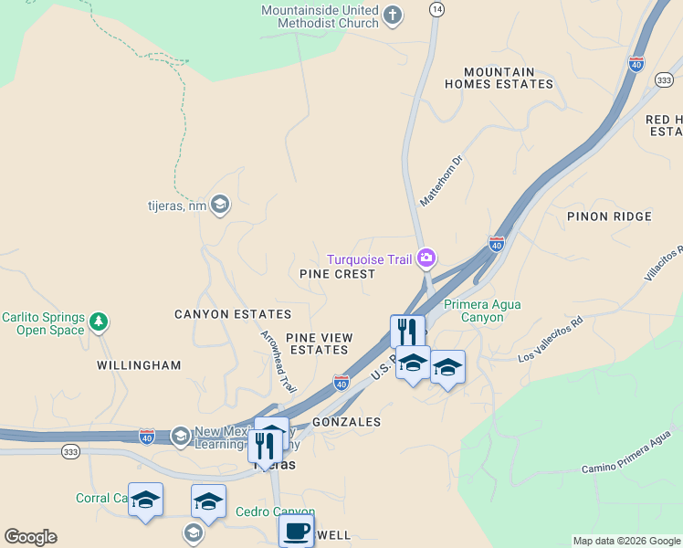 map of restaurants, bars, coffee shops, grocery stores, and more near 20 Torres Trail in Cedar Crest