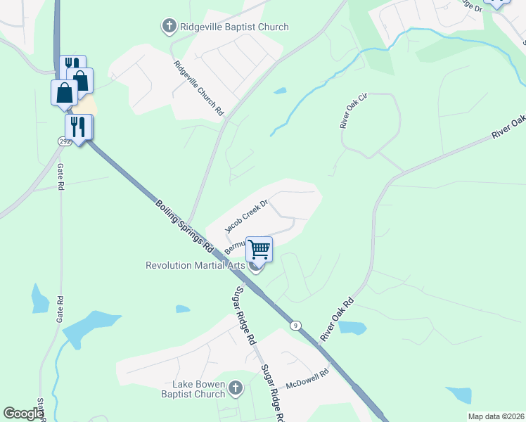 map of restaurants, bars, coffee shops, grocery stores, and more near 268 Jacob Creek Drive in Inman