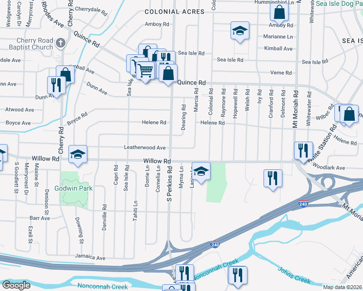 map of restaurants, bars, coffee shops, grocery stores, and more near 4678 Leatherwood Avenue in Memphis