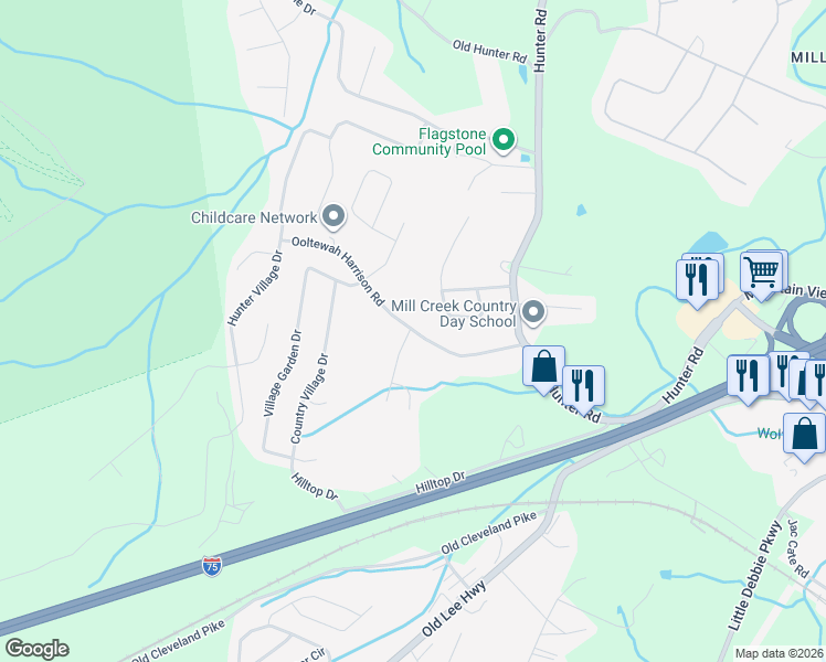 map of restaurants, bars, coffee shops, grocery stores, and more near 8530 Ooltewah Harrison Road in Ooltewah