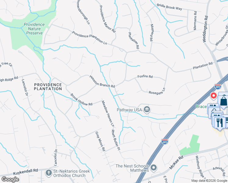 map of restaurants, bars, coffee shops, grocery stores, and more near 5548 Meadow Haven Lane in Charlotte