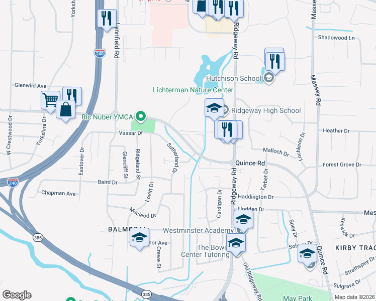 map of restaurants, bars, coffee shops, grocery stores, and more near 6043 McQueen Drive in Memphis