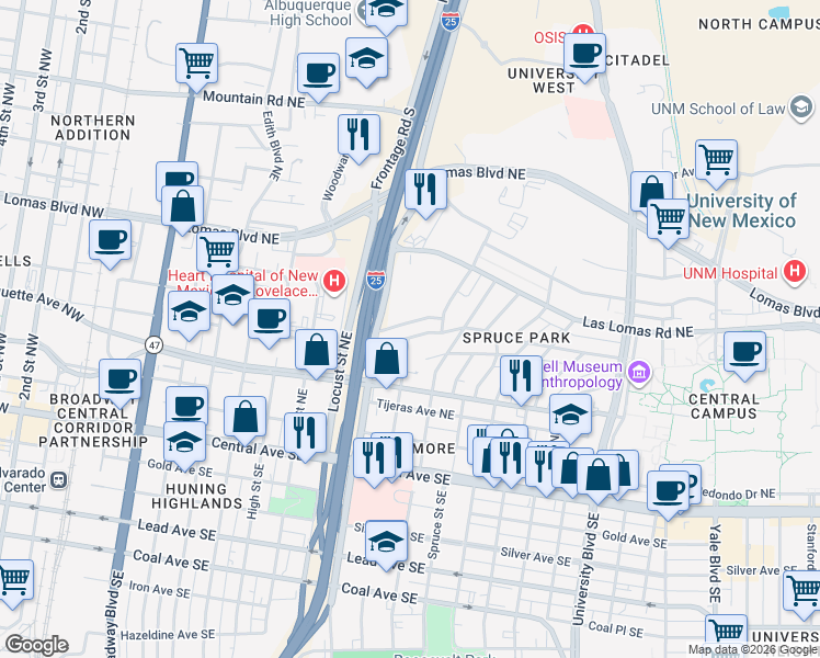 map of restaurants, bars, coffee shops, grocery stores, and more near 1108 Roma Avenue Northeast in Albuquerque