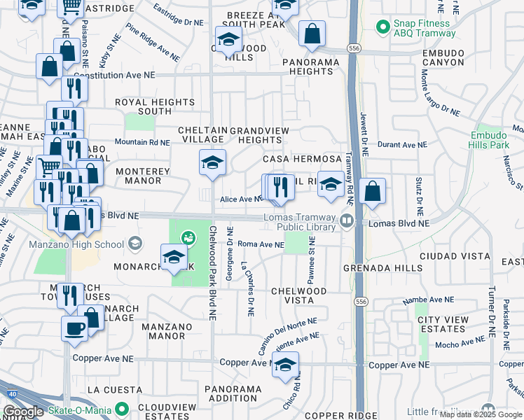 map of restaurants, bars, coffee shops, grocery stores, and more near 12917 Lomas Boulevard Northeast in Albuquerque
