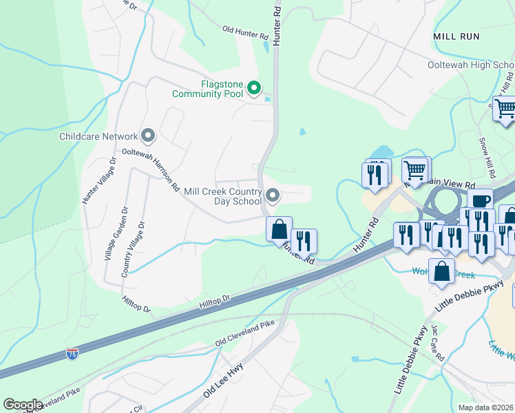 map of restaurants, bars, coffee shops, grocery stores, and more near 5309 Hunter Road in Ooltewah