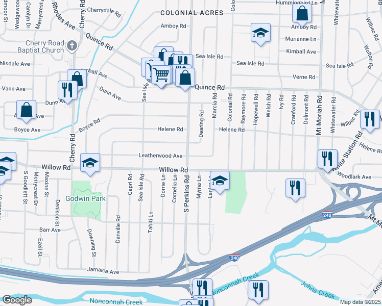 map of restaurants, bars, coffee shops, grocery stores, and more near 1656 South Perkins Road in Memphis