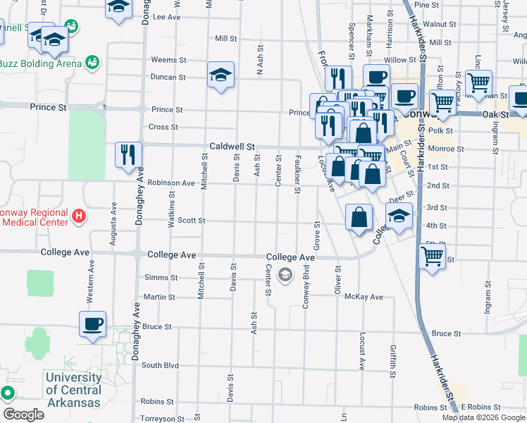 map of restaurants, bars, coffee shops, grocery stores, and more near 1622 Scott Street in Conway