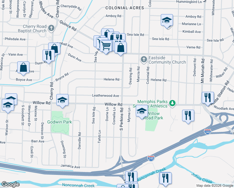 map of restaurants, bars, coffee shops, grocery stores, and more near 4603 Leatherwood Avenue in Memphis