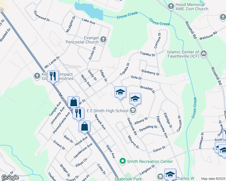 map of restaurants, bars, coffee shops, grocery stores, and more near 2005 Seabrook Road in Fayetteville