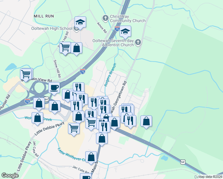 map of restaurants, bars, coffee shops, grocery stores, and more near 9211 Lawford Way in Ooltewah