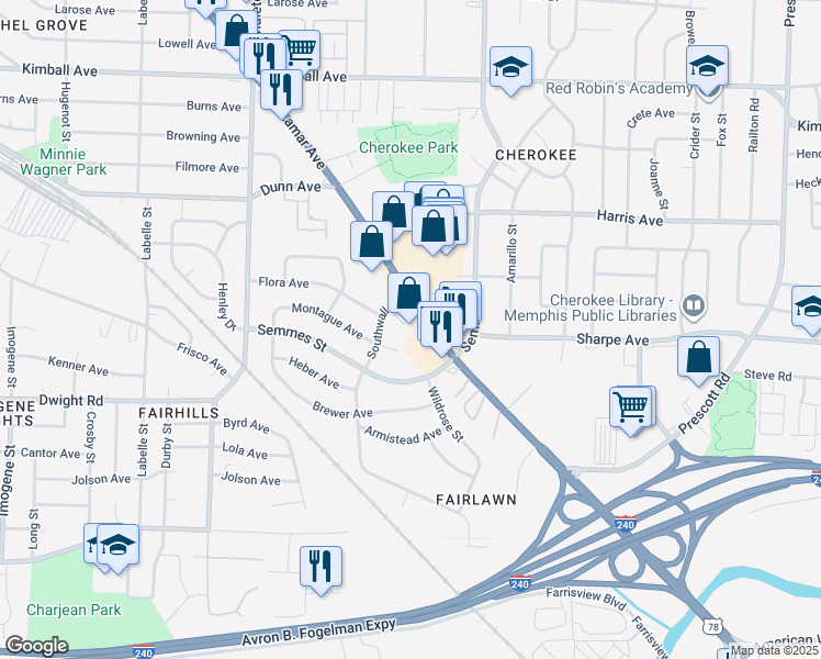 map of restaurants, bars, coffee shops, grocery stores, and more near 2950 Montague Cove in Memphis