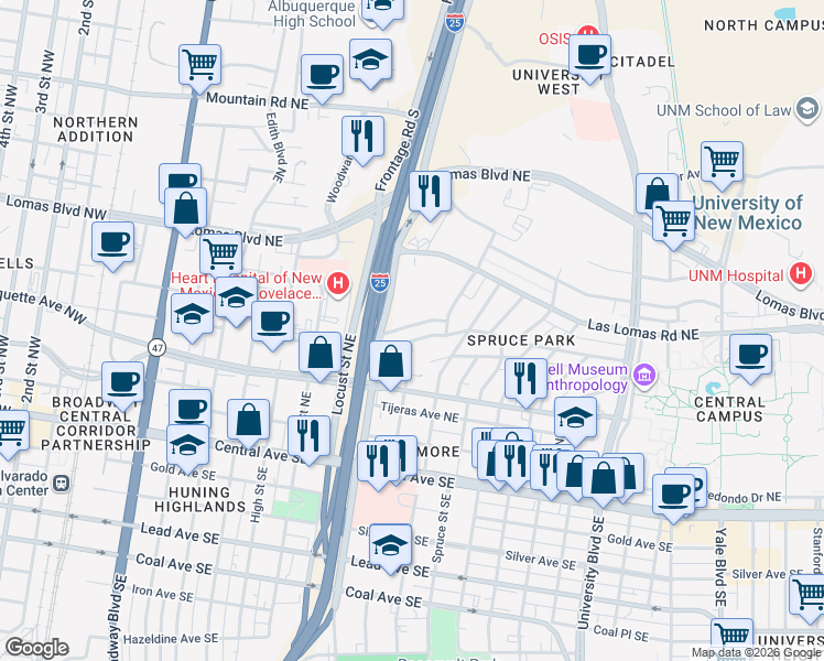 map of restaurants, bars, coffee shops, grocery stores, and more near 1108 Roma Avenue Northeast in Albuquerque