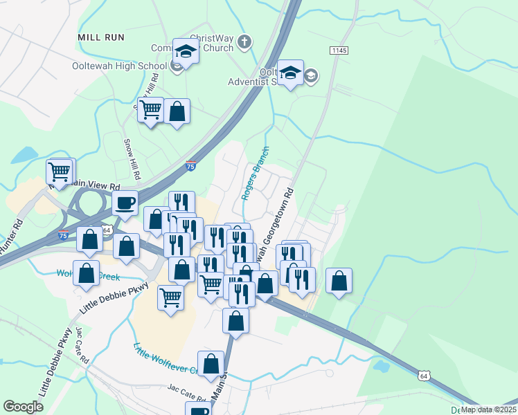 map of restaurants, bars, coffee shops, grocery stores, and more near 9211 Lawford Way in Ooltewah