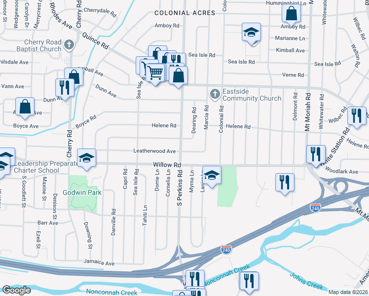 map of restaurants, bars, coffee shops, grocery stores, and more near 1656 South Perkins Road in Memphis