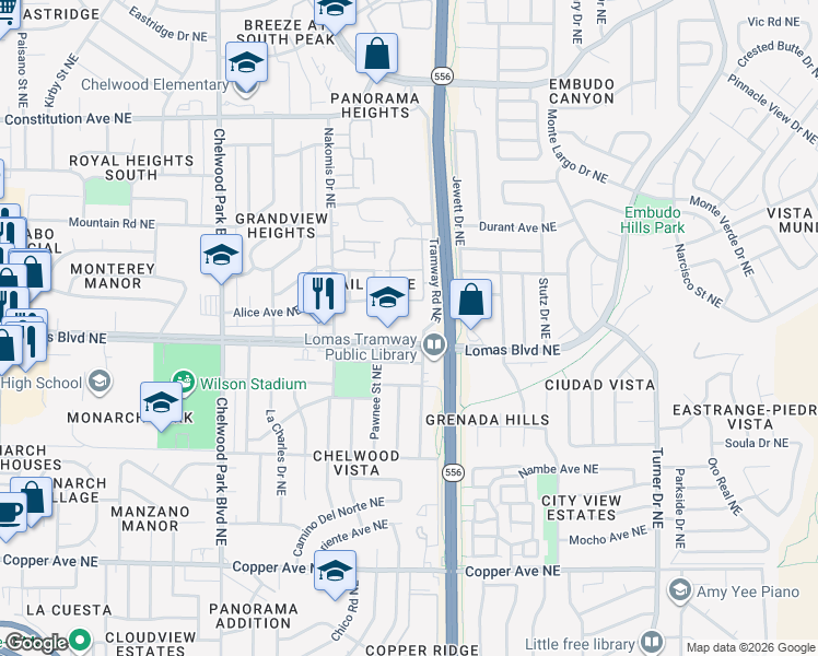 map of restaurants, bars, coffee shops, grocery stores, and more near 13201 Lomas Boulevard Northeast in Albuquerque
