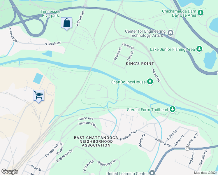 map of restaurants, bars, coffee shops, grocery stores, and more near 2324 Waterhaven Drive in Chattanooga