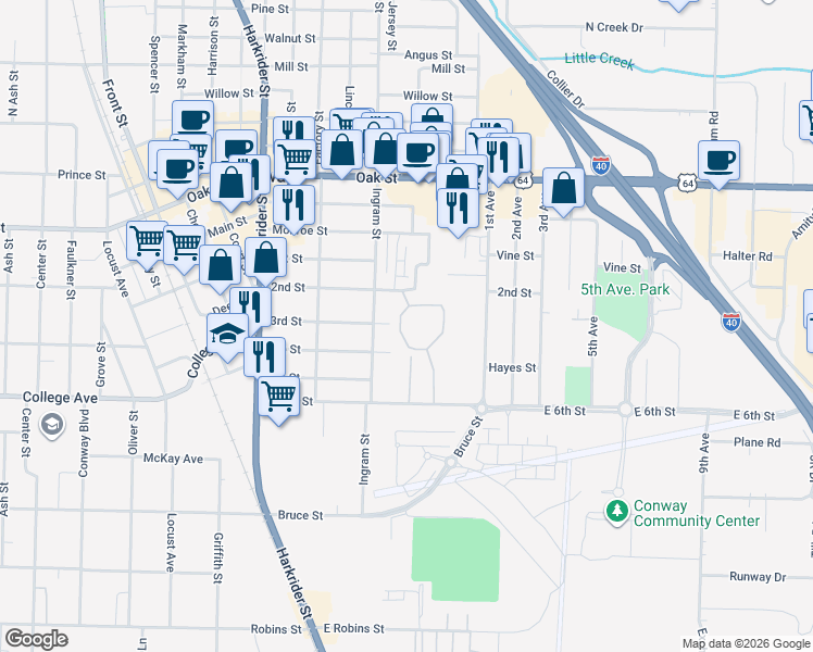 map of restaurants, bars, coffee shops, grocery stores, and more near 411 3rd Street in Conway