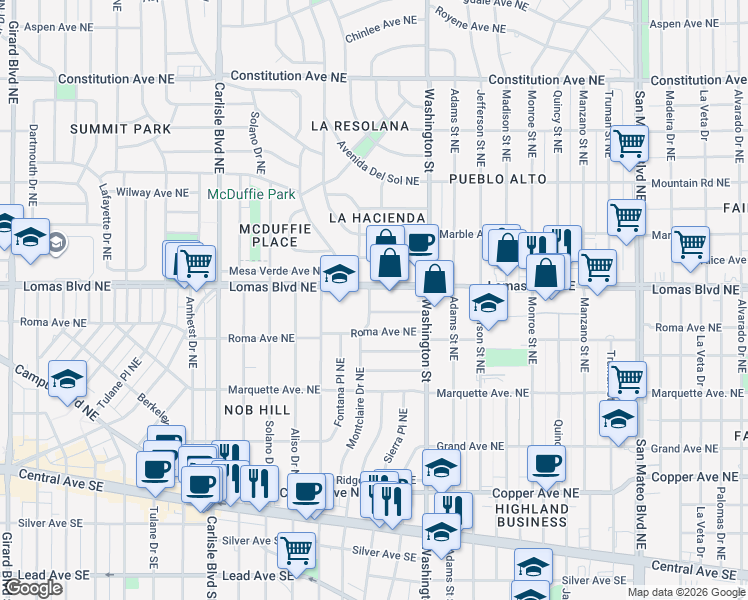 map of restaurants, bars, coffee shops, grocery stores, and more near 4200 Brockmont Avenue Northeast in Albuquerque