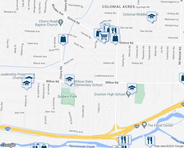 map of restaurants, bars, coffee shops, grocery stores, and more near 4516 Leatherwood Avenue in Memphis