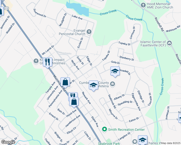 map of restaurants, bars, coffee shops, grocery stores, and more near 2102 Arthur St in Fayetteville