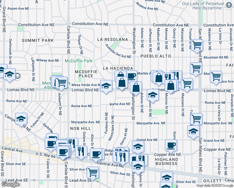 map of restaurants, bars, coffee shops, grocery stores, and more near 522 Montclaire Drive Northeast in Albuquerque