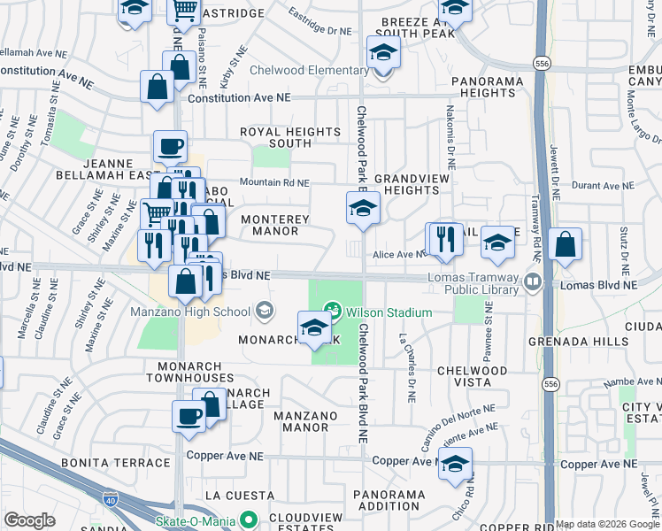 map of restaurants, bars, coffee shops, grocery stores, and more near in Albuquerque