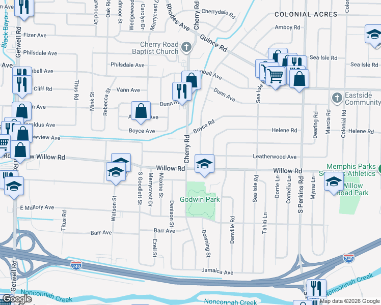 map of restaurants, bars, coffee shops, grocery stores, and more near 4389 Leatherwood Avenue in Memphis