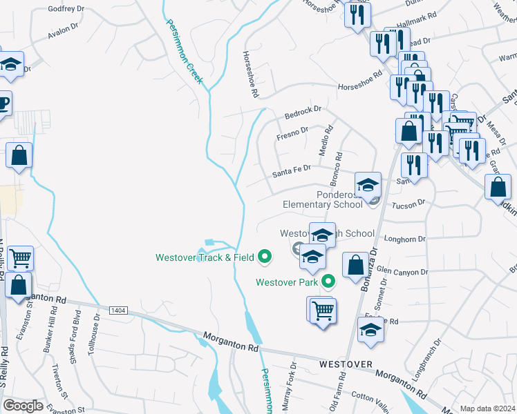 map of restaurants, bars, coffee shops, grocery stores, and more near 6213 Sabine Drive in Fayetteville