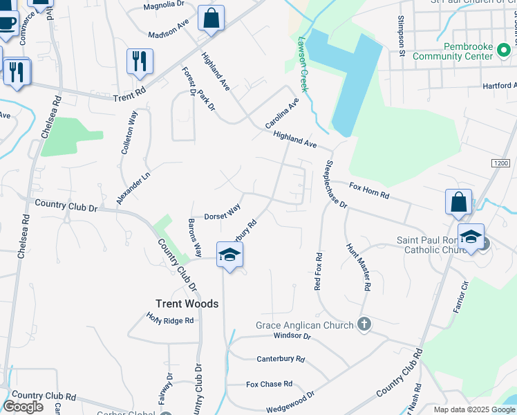 map of restaurants, bars, coffee shops, grocery stores, and more near 3813 Canterbury Road in Trent Woods