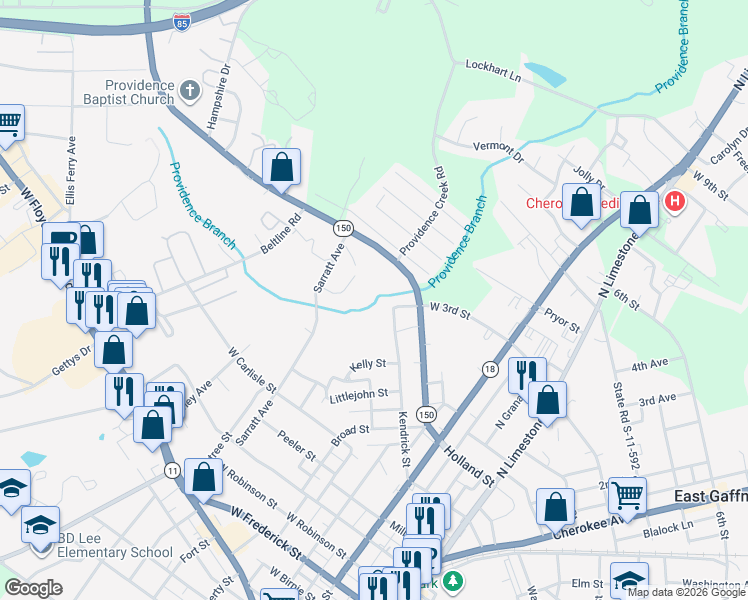 map of restaurants, bars, coffee shops, grocery stores, and more near 501 Providence Road in Gaffney
