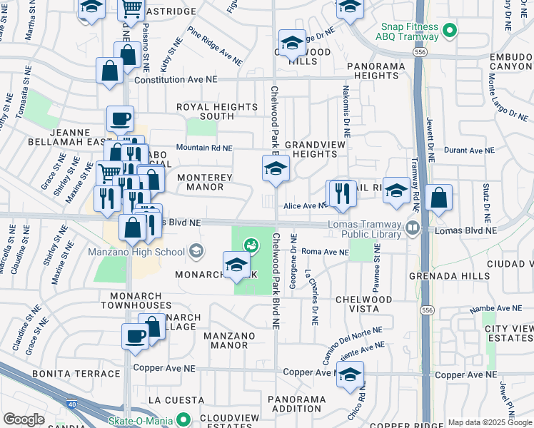 map of restaurants, bars, coffee shops, grocery stores, and more near in Albuquerque