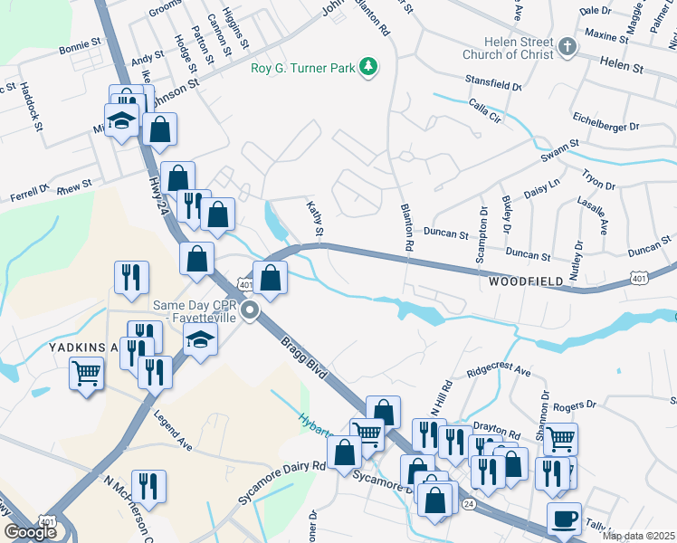 map of restaurants, bars, coffee shops, grocery stores, and more near 4313 Pine Meadow Drive in Fayetteville