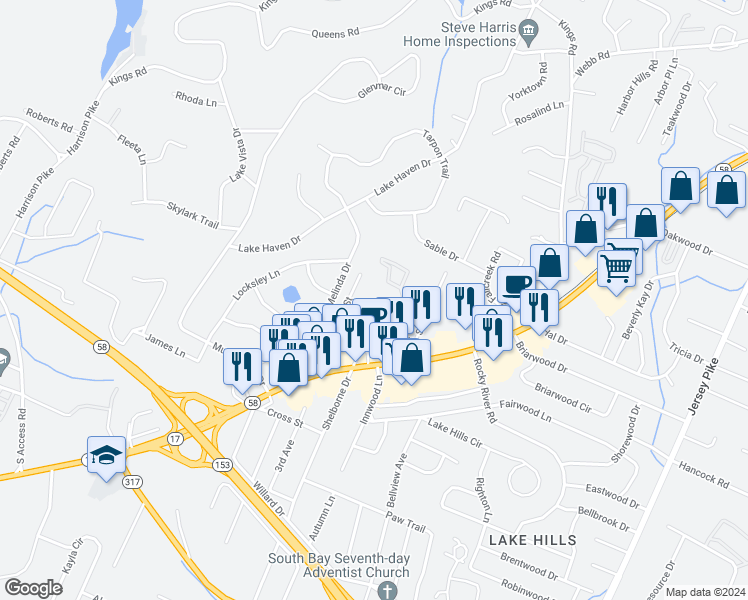map of restaurants, bars, coffee shops, grocery stores, and more near 4610 Sunflower Lane in Chattanooga