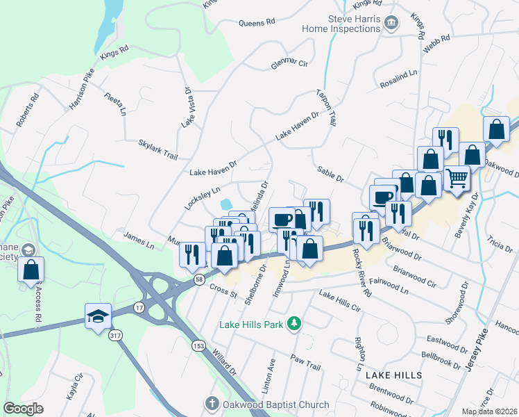 map of restaurants, bars, coffee shops, grocery stores, and more near 4501 Oakhill Drive in Chattanooga