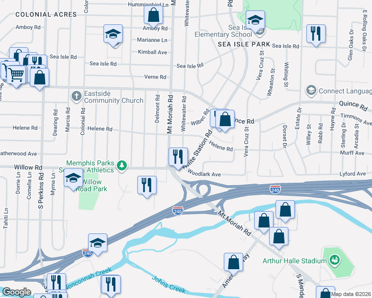 map of restaurants, bars, coffee shops, grocery stores, and more near 1656 Whitewater Road in Memphis