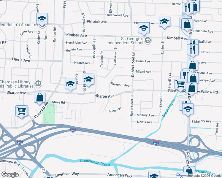 map of restaurants, bars, coffee shops, grocery stores, and more near 1641 Mary Drive in Memphis