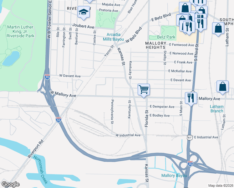 map of restaurants, bars, coffee shops, grocery stores, and more near 141 West Mallory Avenue in Memphis