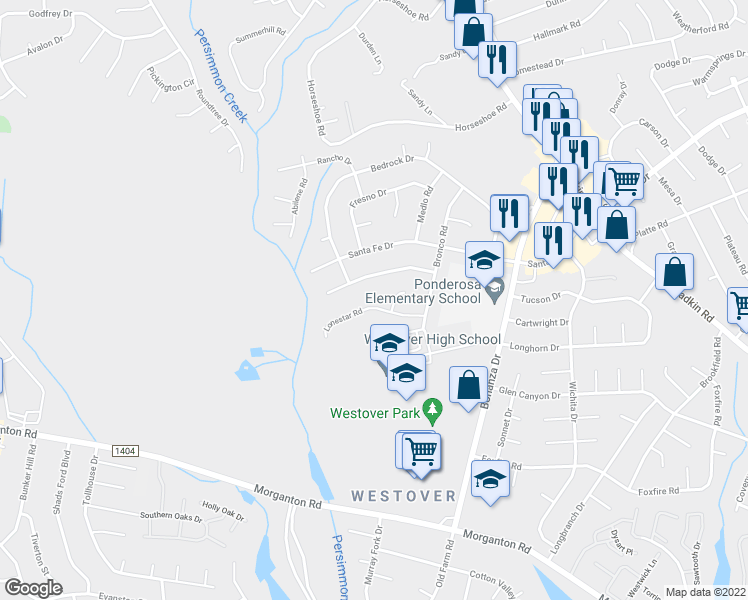 map of restaurants, bars, coffee shops, grocery stores, and more near 6133 Lonestar Road in Fayetteville