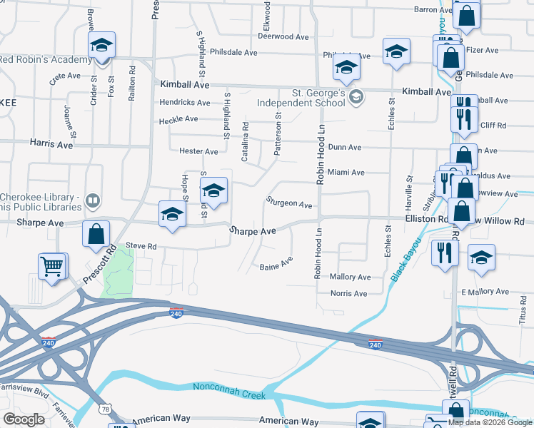 map of restaurants, bars, coffee shops, grocery stores, and more near 1641 Mary Drive in Memphis
