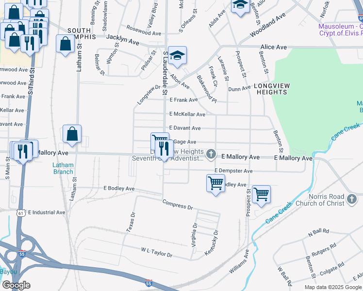 map of restaurants, bars, coffee shops, grocery stores, and more near 586 East Mallory Avenue in Memphis
