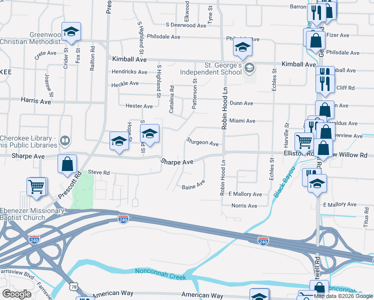 map of restaurants, bars, coffee shops, grocery stores, and more near 1641 Mary Drive in Memphis