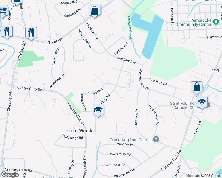 map of restaurants, bars, coffee shops, grocery stores, and more near 3813 Canterbury Road in Trent Woods