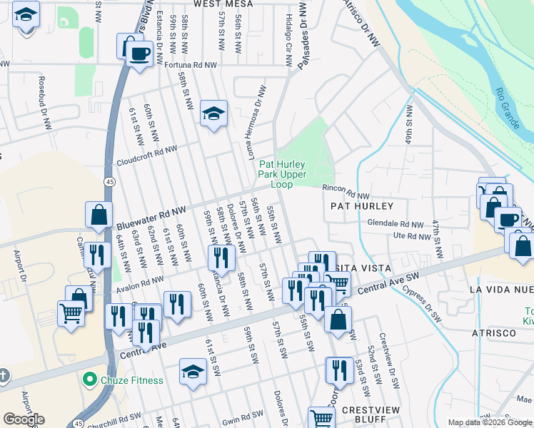 map of restaurants, bars, coffee shops, grocery stores, and more near 321 55th Street Northwest in Albuquerque