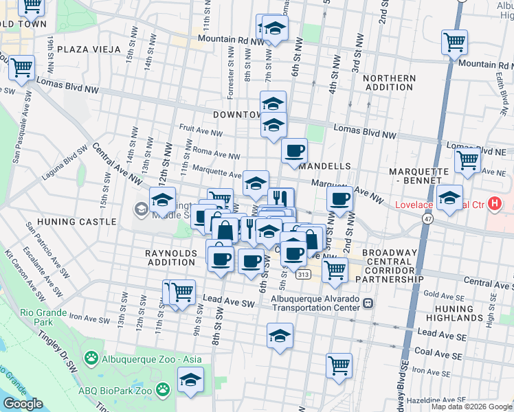 map of restaurants, bars, coffee shops, grocery stores, and more near 224 7th Street Northwest in Albuquerque