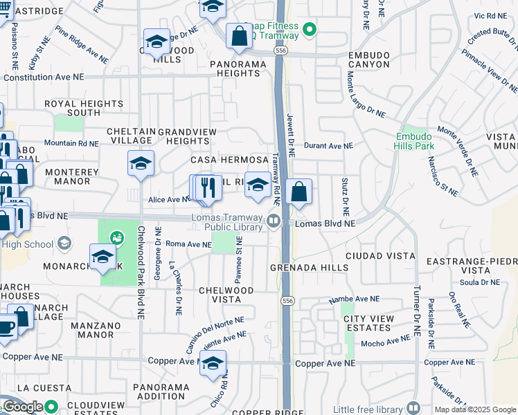 map of restaurants, bars, coffee shops, grocery stores, and more near 13201 Lomas Boulevard Northeast in Albuquerque